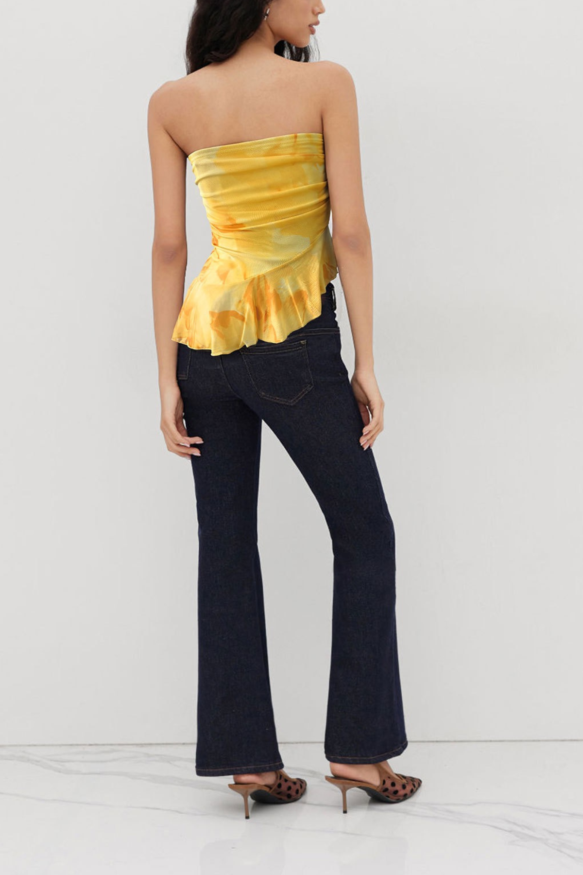Yellow Watercolor Floral Ruched Side Ruffle Hem Top