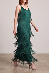 Strap V-Neck Layered Fringe Maxi Dress