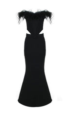 Feather Off  Shoulder Maxi Dress In Black