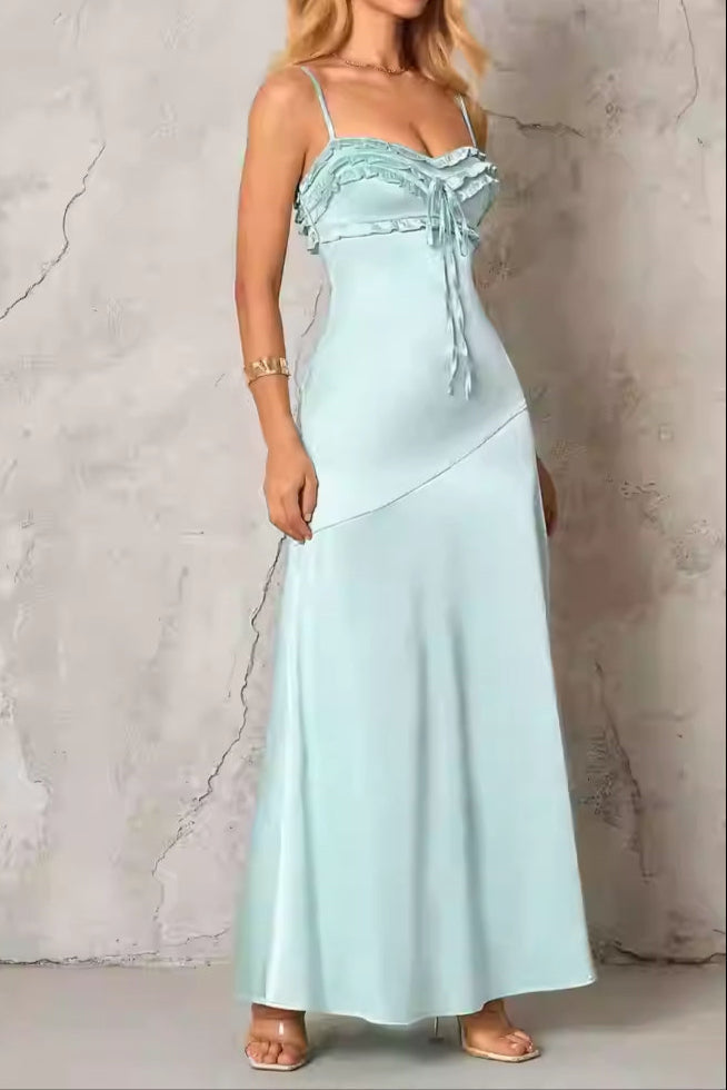 Ruffle Trim Silk Maxi Dress in Mint