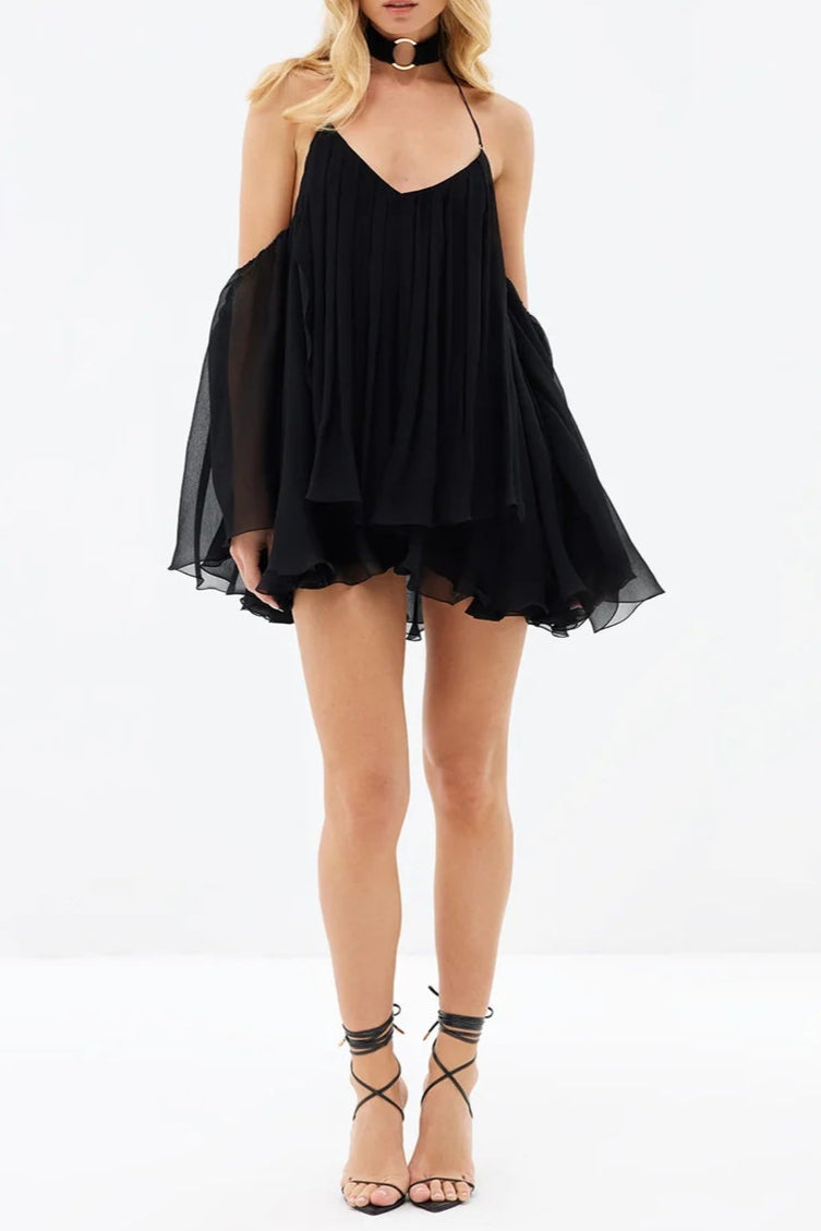Halter Neck Lace-Up Backless Mini Dress - Black
