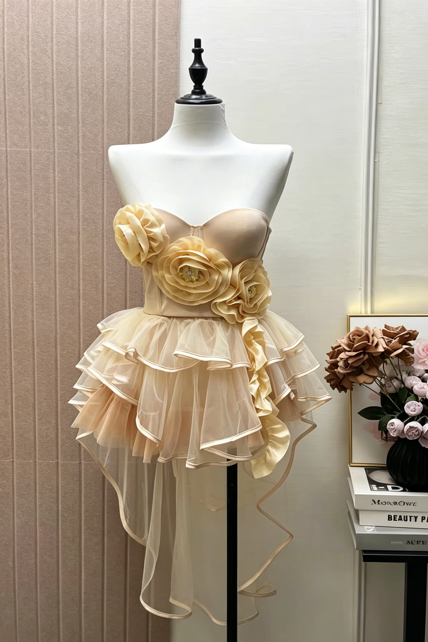Champagne 3D Floral Corset Top & High Low Ruffle Skirt Set