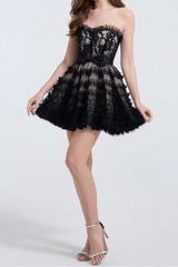 Lace Puffy Mini Dress in Black