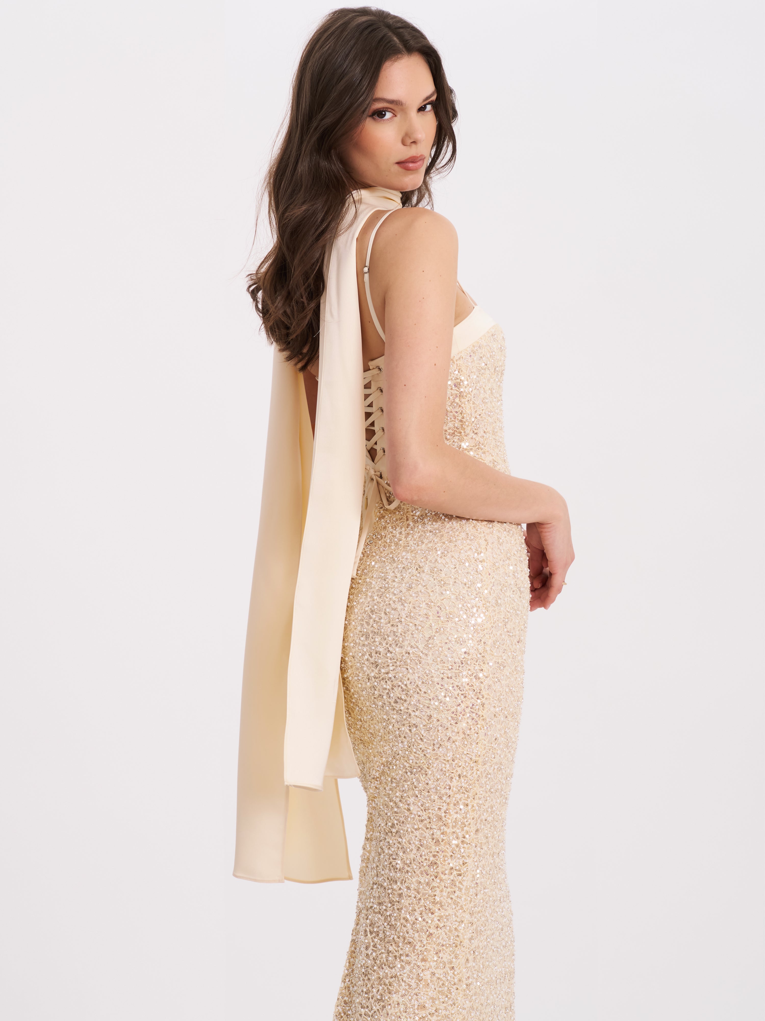 Gold Sequin Bodycon Gown with Scarf