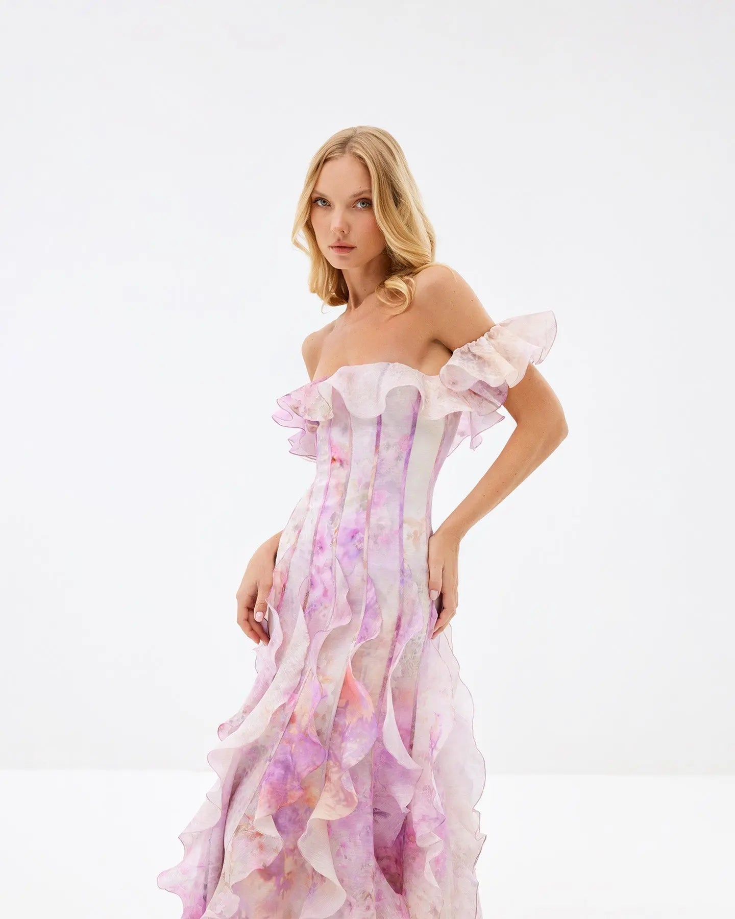 Floral Frill Off-Shoulder Maxi Dress in Pink
