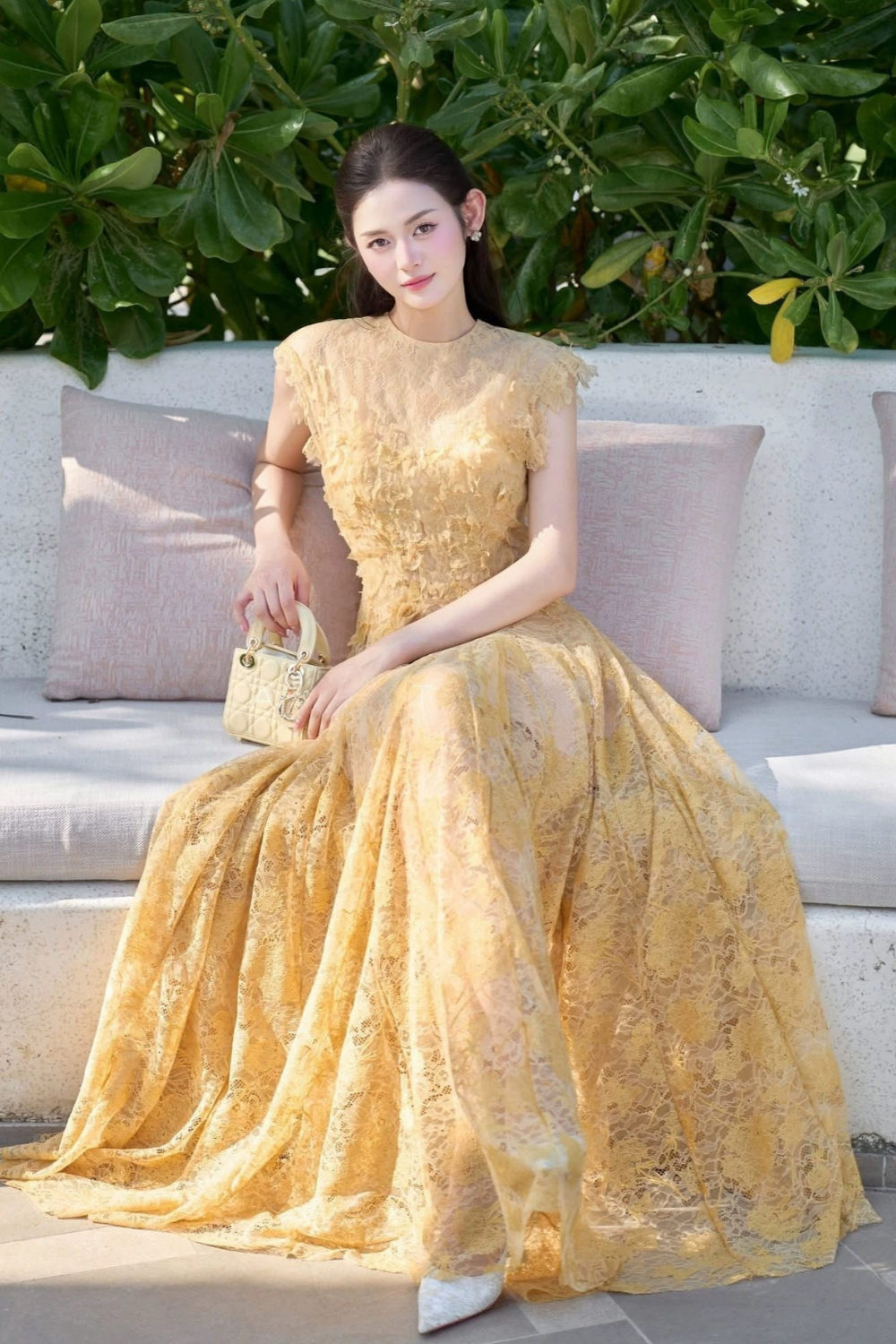 Lace Flower Embellished Maxi Dress in Yellow