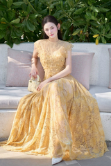 Lace Flower Embellished Maxi Dress in Yellow
