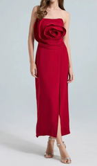 3D Flower Midi Dress in Red