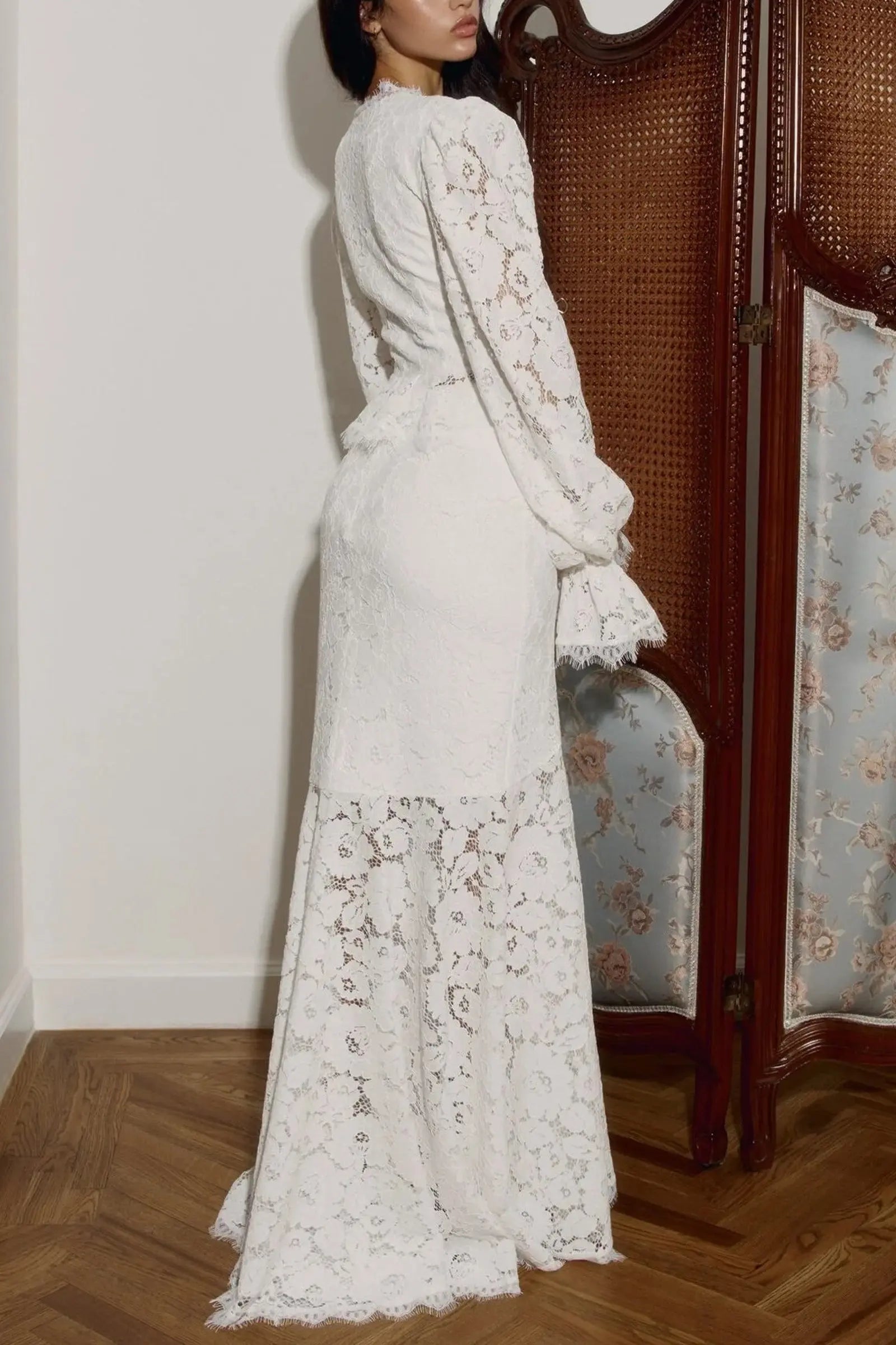 Lace Trimmed Puff Sleeved Top & Skirt Set in white