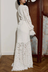 Lace Trimmed Puff Sleeved Top & Skirt Set in white