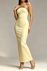 Yellow Cutout Halter Gold Woven Embellished High Bodycon Bandage Midi Dress