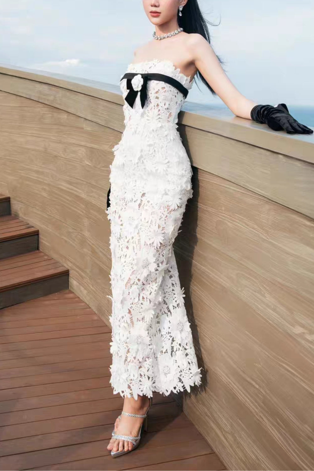 Flower Embroidery Maxi Dress In White