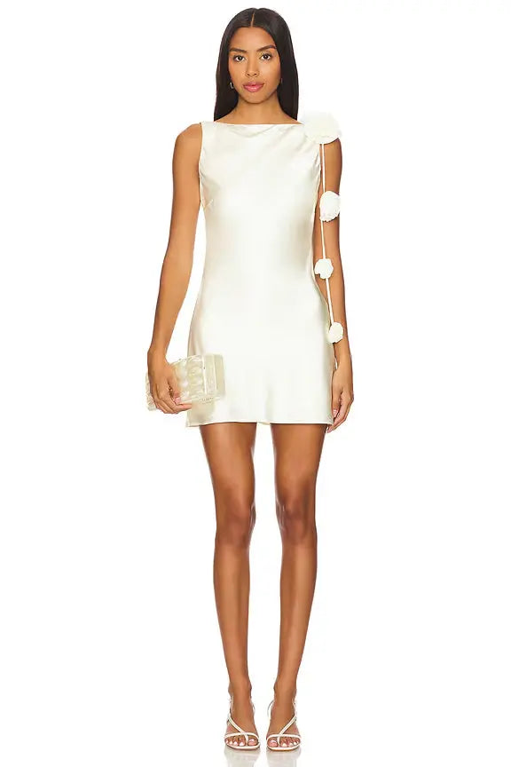Floral Detail Mini Satin Mini Dress in White