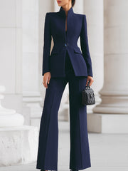 High-Collar Blazer & Wide-Leg Trousers Set