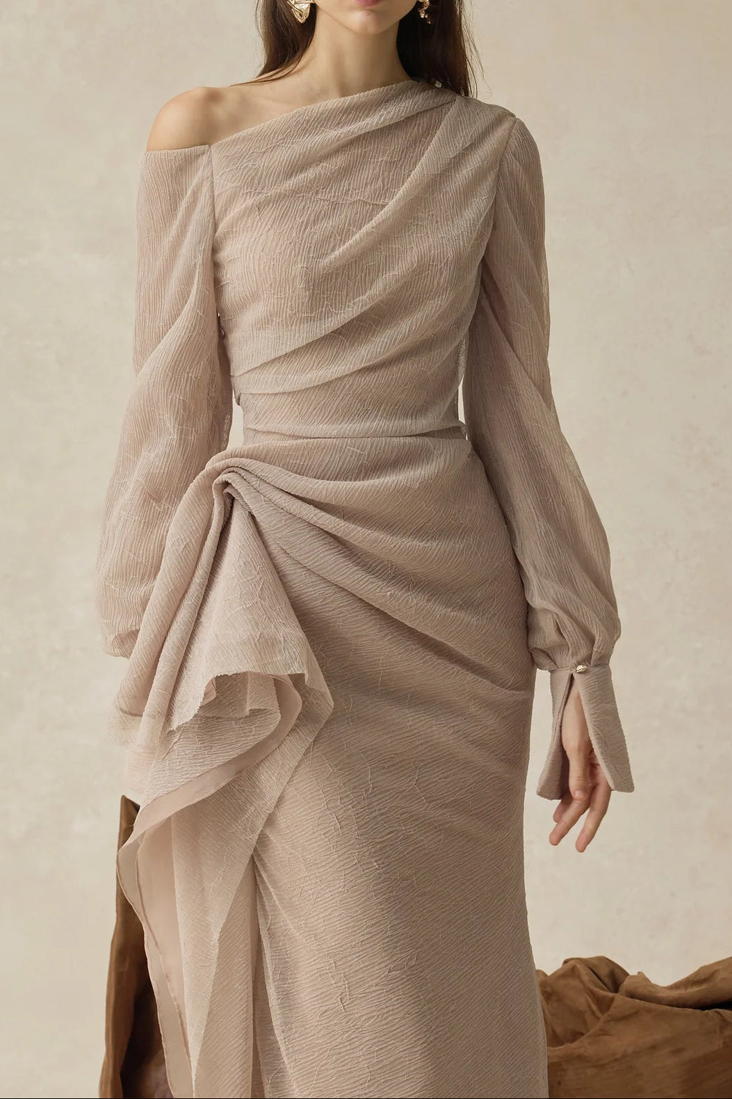 BriLong Sleeve Maxi Dress in Beige