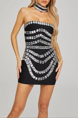 Crystal Embellished Mini Dress in Black