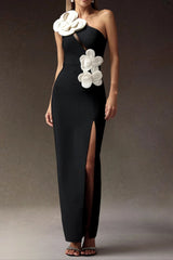 Black Sequin Flowers One Shoulder Bandage Maxi Dress