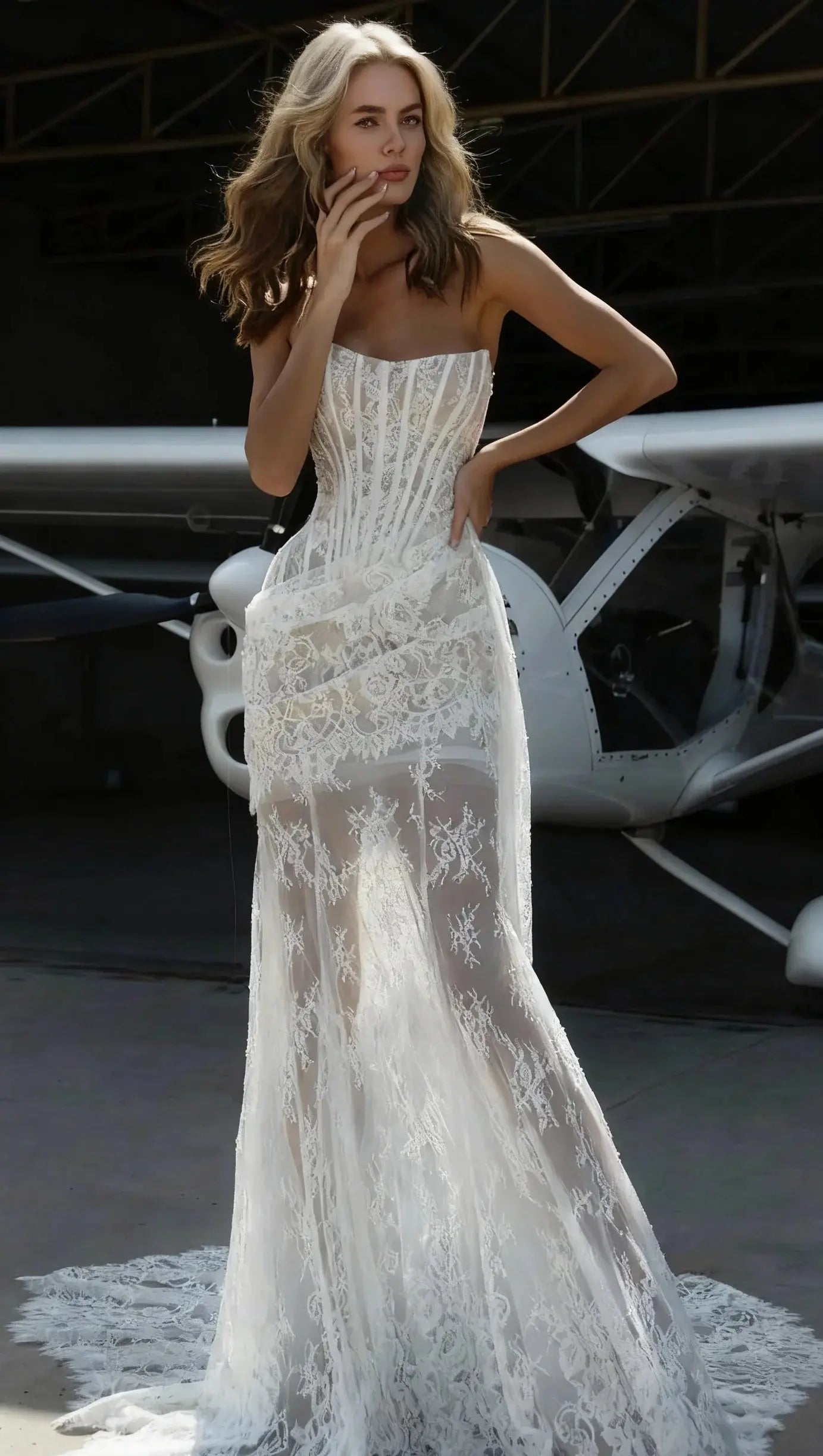 Sheer Lace Corset Maxi Dress with Neckline