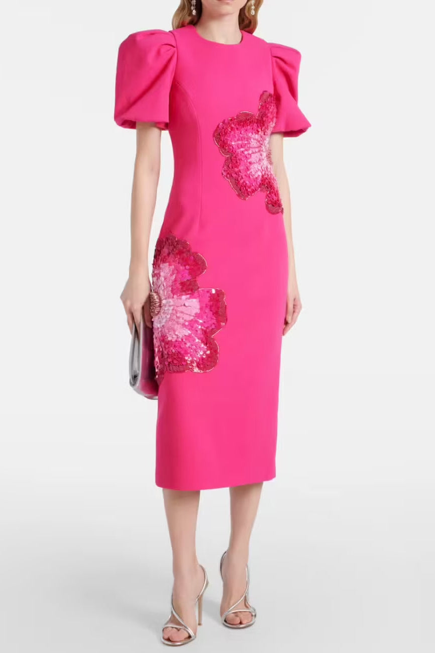 Sequin Flower Embellished Puff Sleeve Midi Dress in Pink