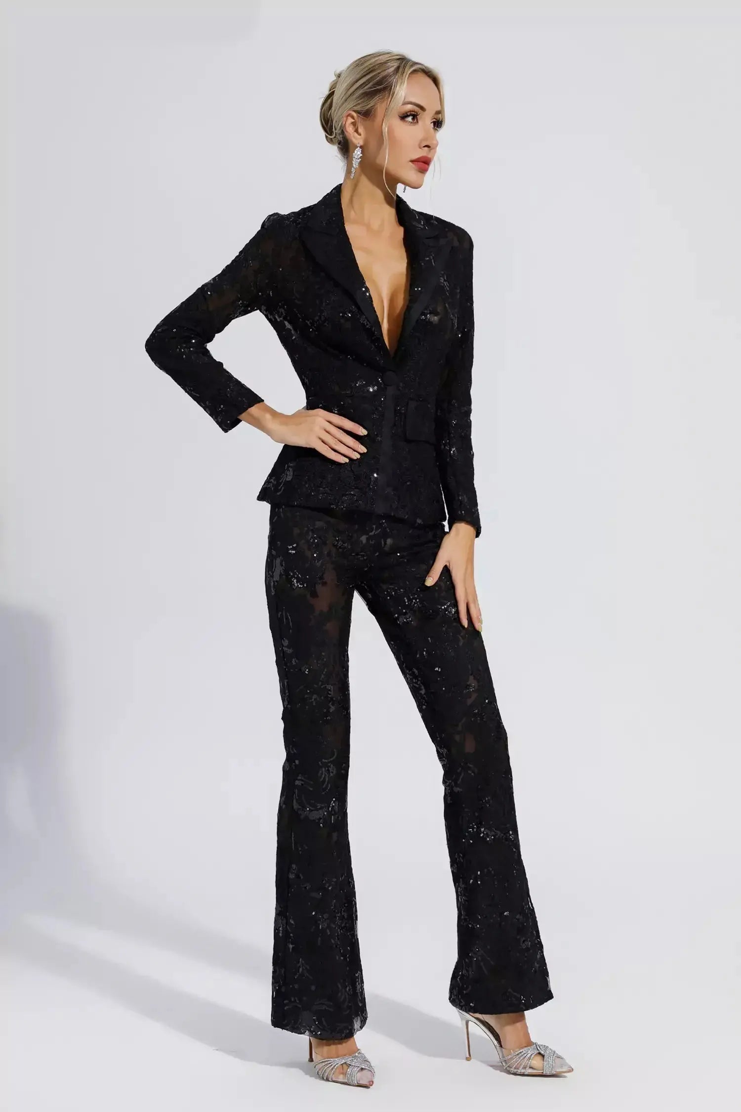 Black Cutout Floral Embroidered Sequin Blazer Set