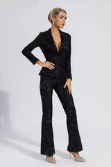 Black Cutout Floral Embroidered Sequin Blazer Set