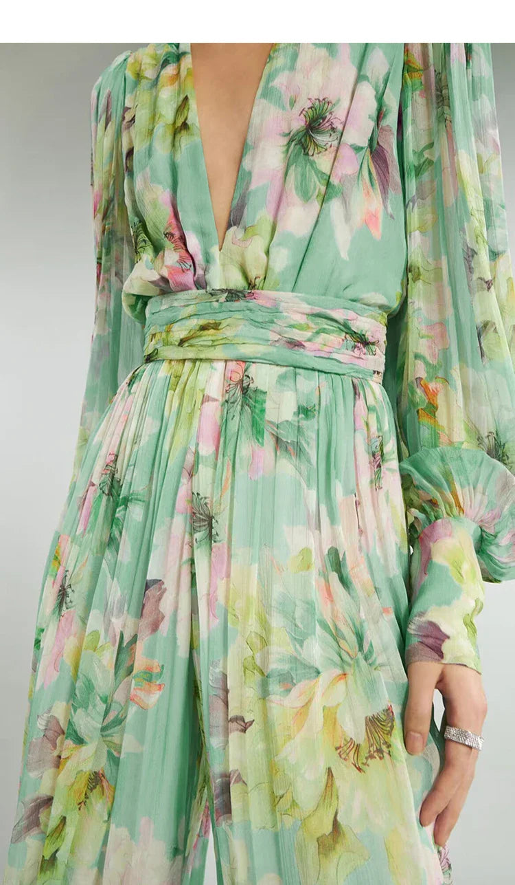V Neck Floral Print Maxi Dress in Green