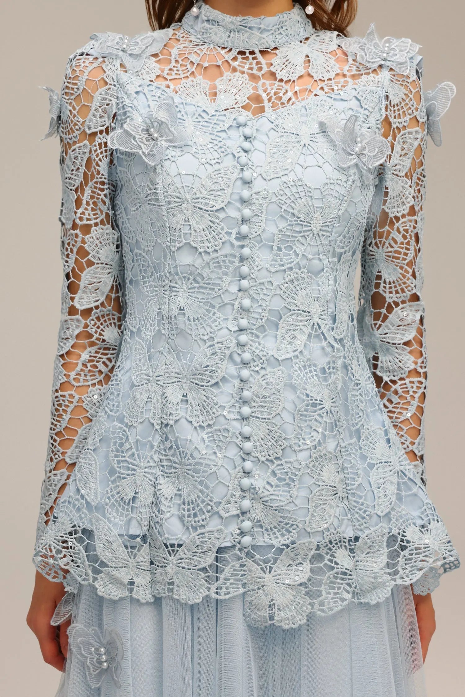 Blue Long Sleeve Folds Lace Top And Skirt Two-Piece Set