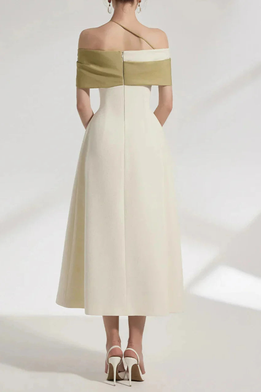 A-line Open Shoulder Cotton Crepe Midi Dress in Beige
