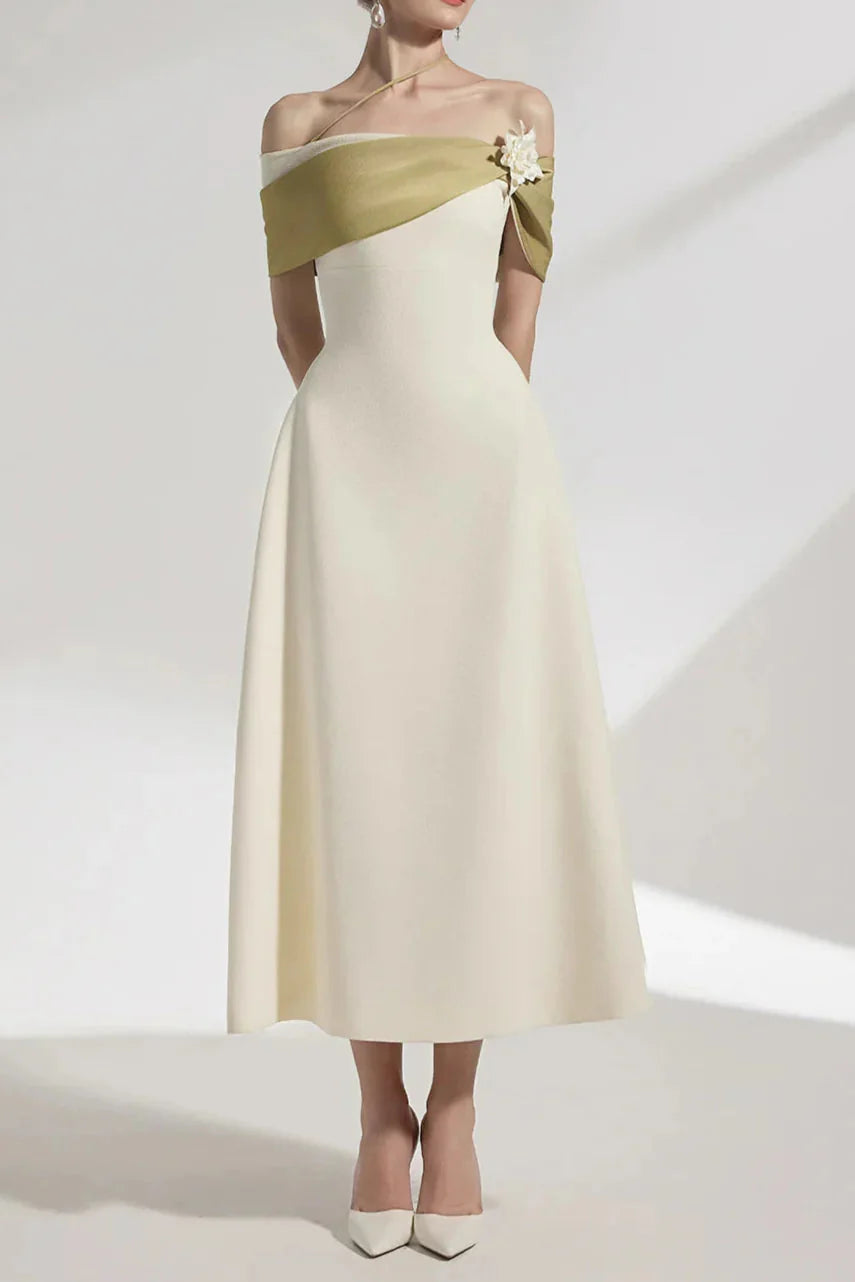 A-line Open Shoulder Cotton Crepe Midi Dress in Beige