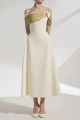A-line Open Shoulder Cotton Crepe Midi Dress in Beige