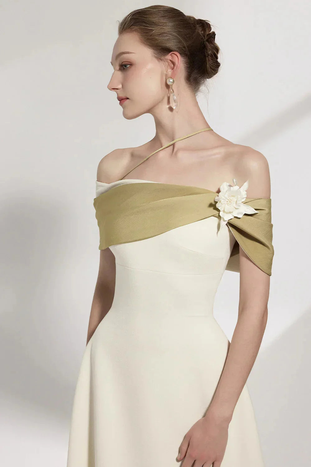 A-line Open Shoulder Cotton Crepe Midi Dress in Beige