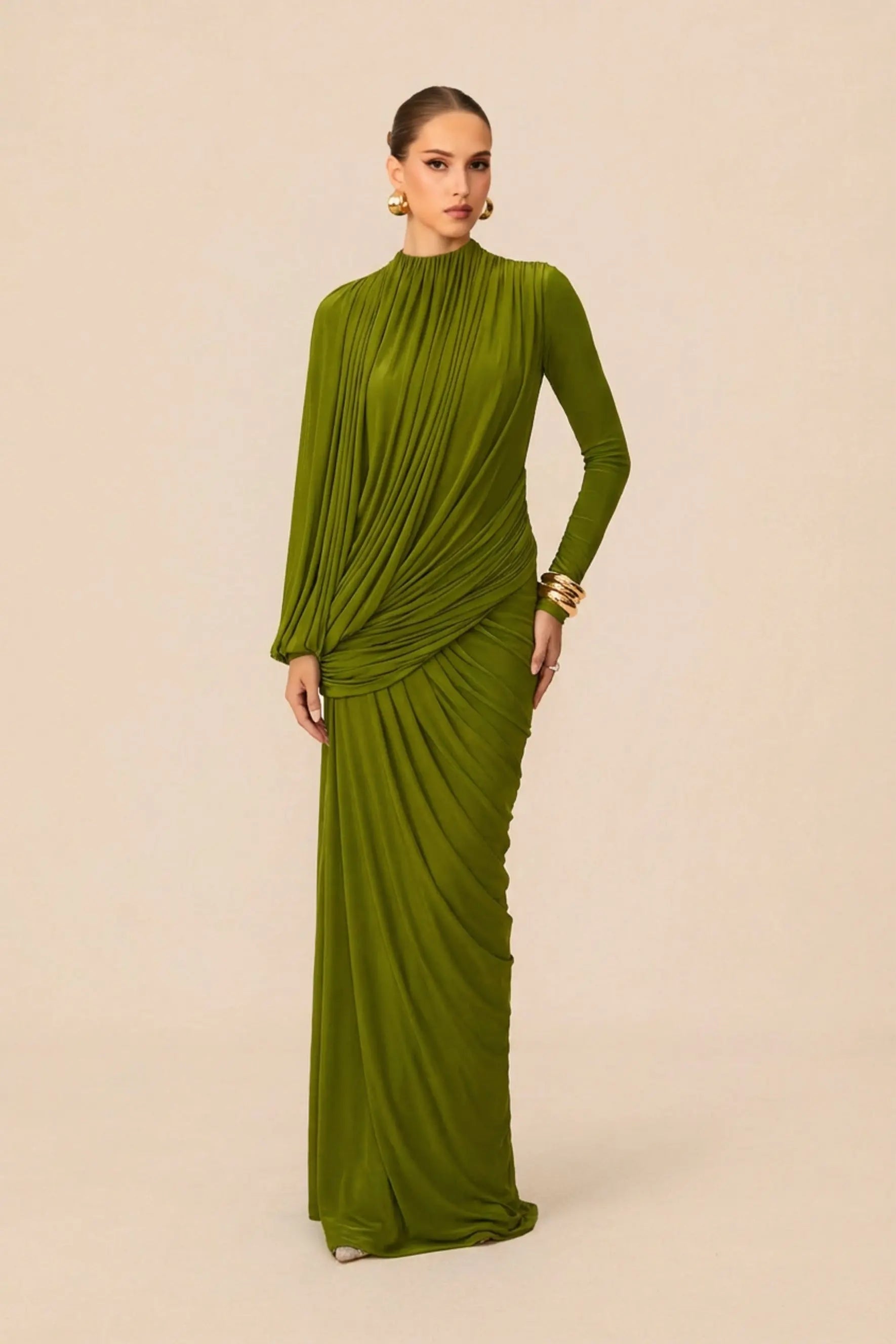 High Neck Drape Ruched Maxi Dress in Green