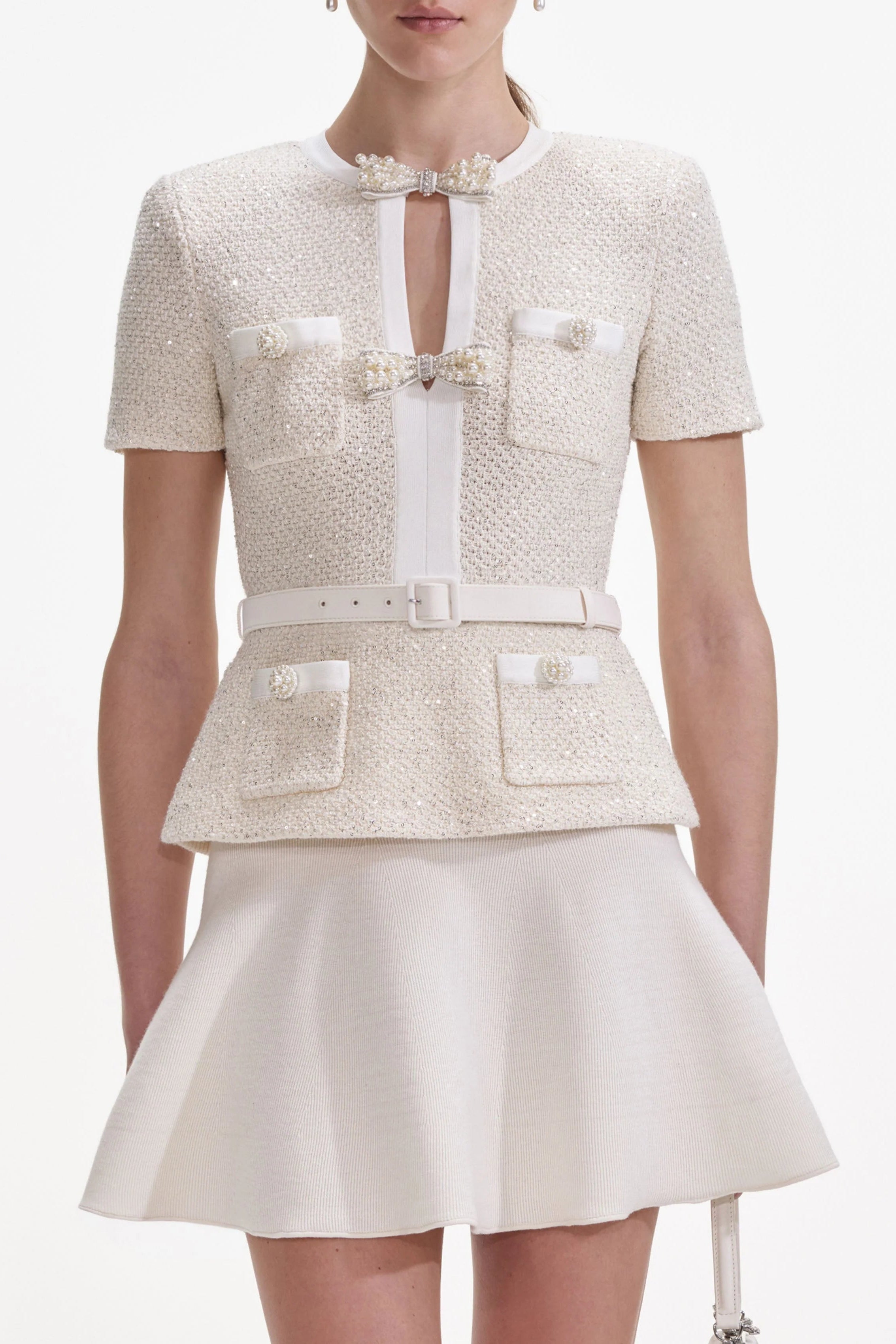 Cream Sequin Knit Top Skirt Set