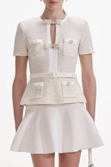 Cream Sequin Knit Top Skirt Set