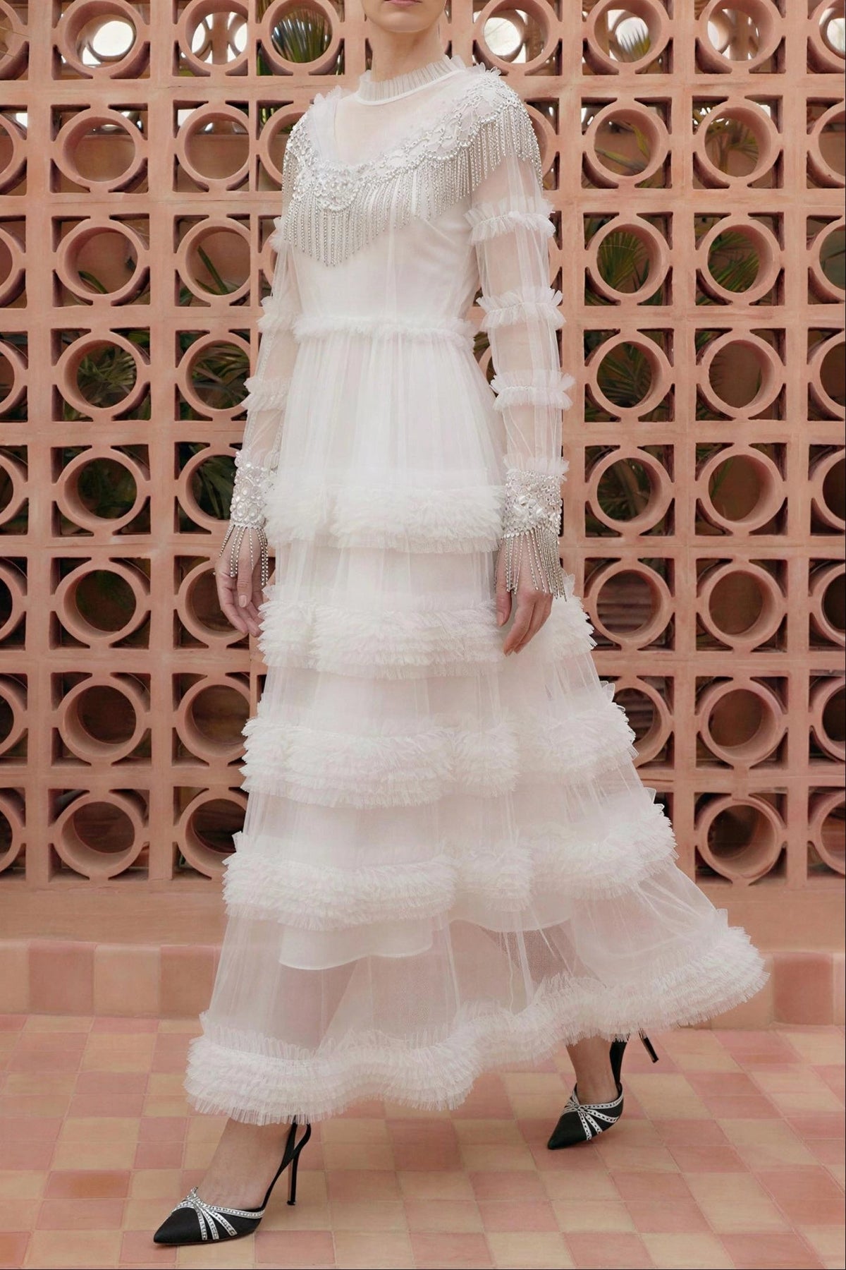 White Frill Round Neck Midi Dress