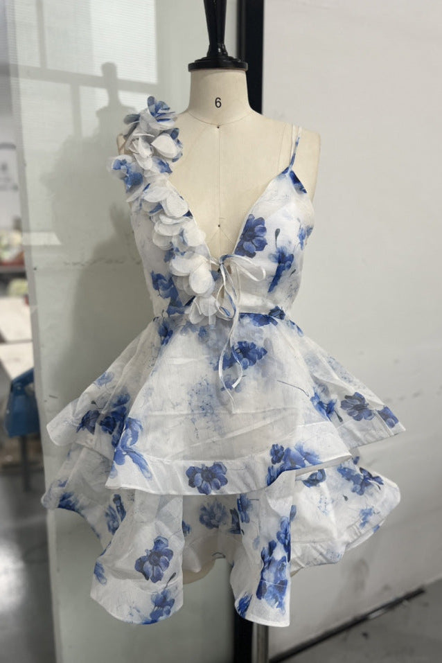 3D Flower Ruffle Mini Dress in Blue