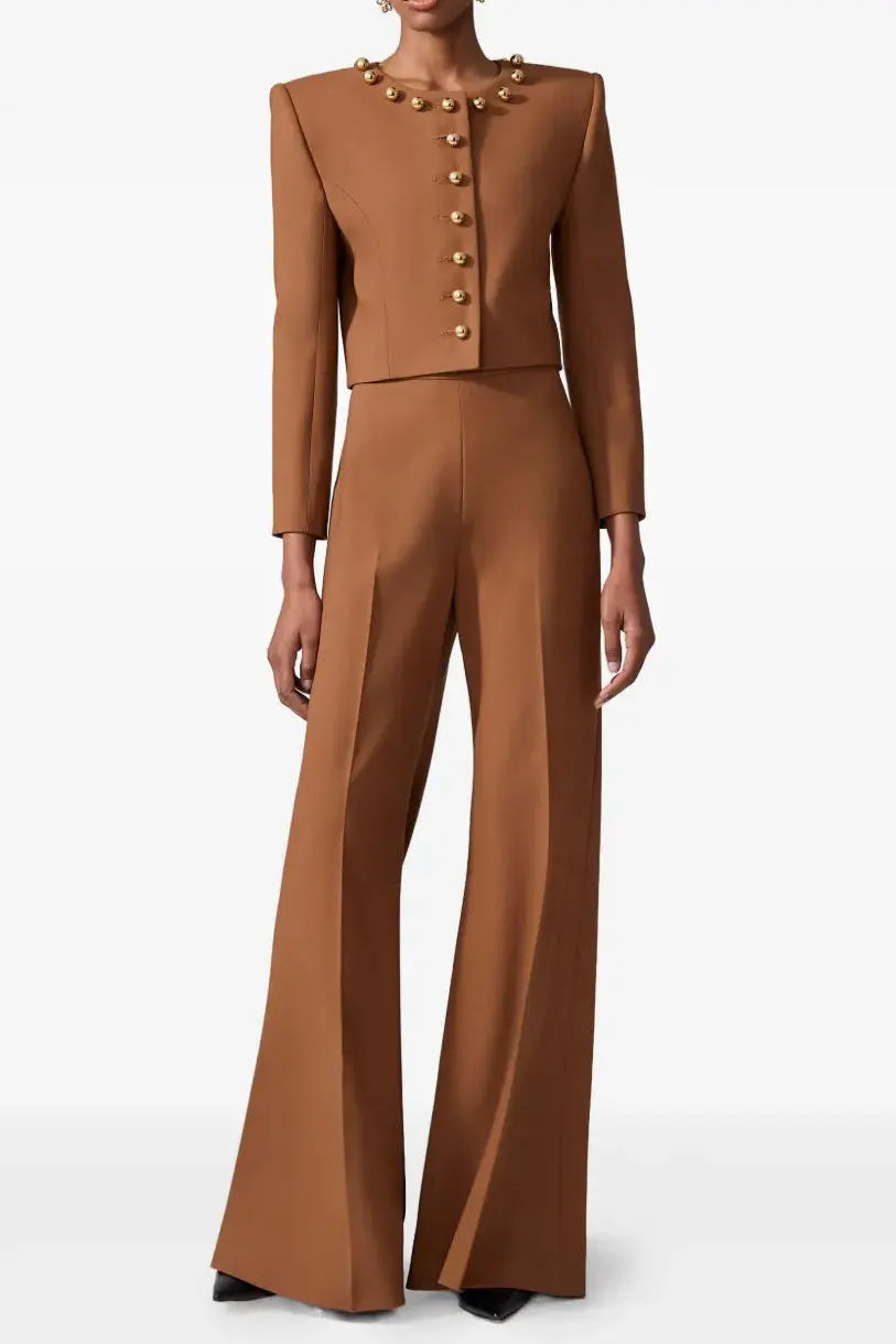 Brown Button-Decorated Short Jacket Two-Piece Set