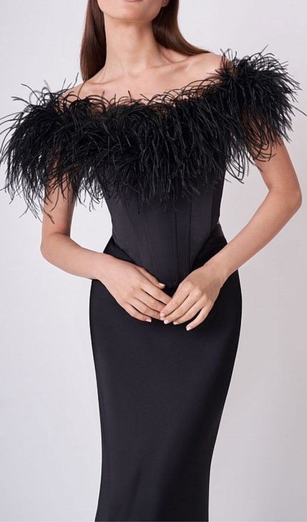 Feather Off  Shoulder Maxi Dress In Black
