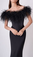 Feather Off  Shoulder Maxi Dress In Black