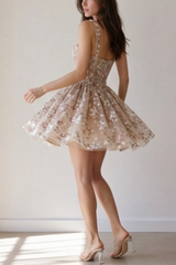Nude Mesh Embroidered Floral Fitted Bustier Mini Dress