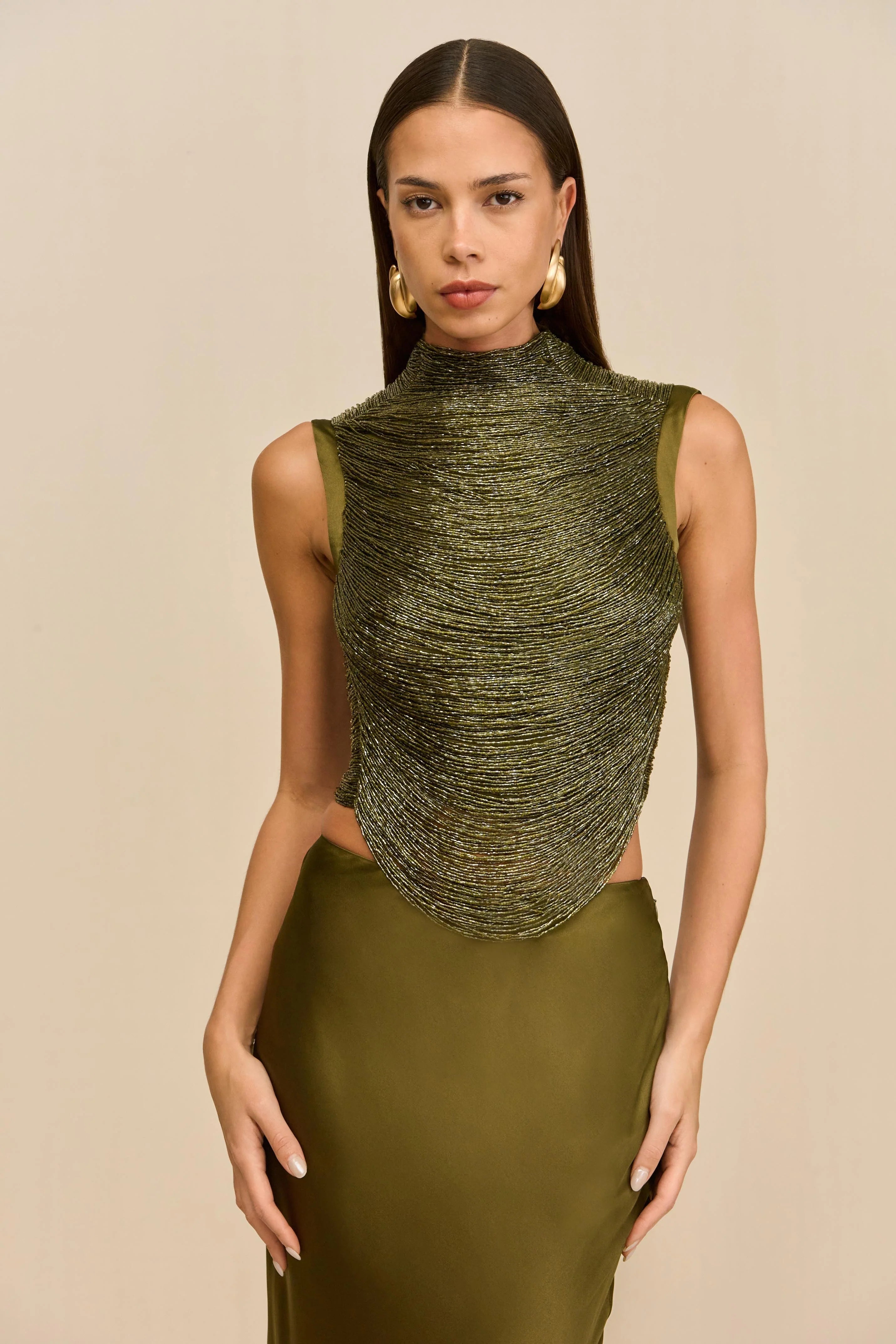 Sleeveless Turtleneck Paneled Top and Satin Skirt Set in Green