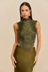 Sleeveless Turtleneck Paneled Top and Satin Skirt Set in Green