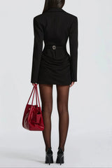V-Neck Ruched Blazer Mini Dress in Black