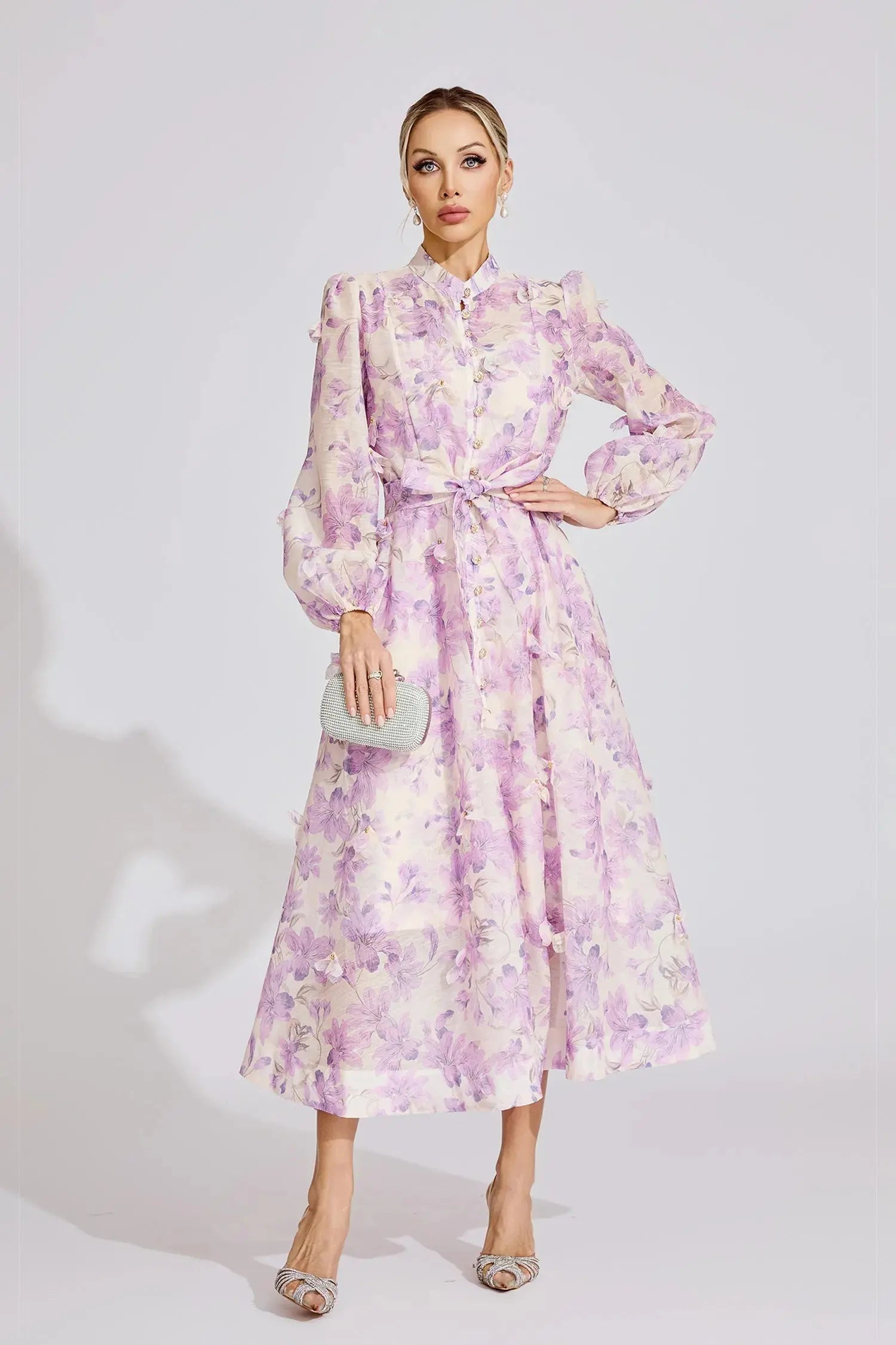 Floral Print Lantern Sleeve Maxi Dress in Purple