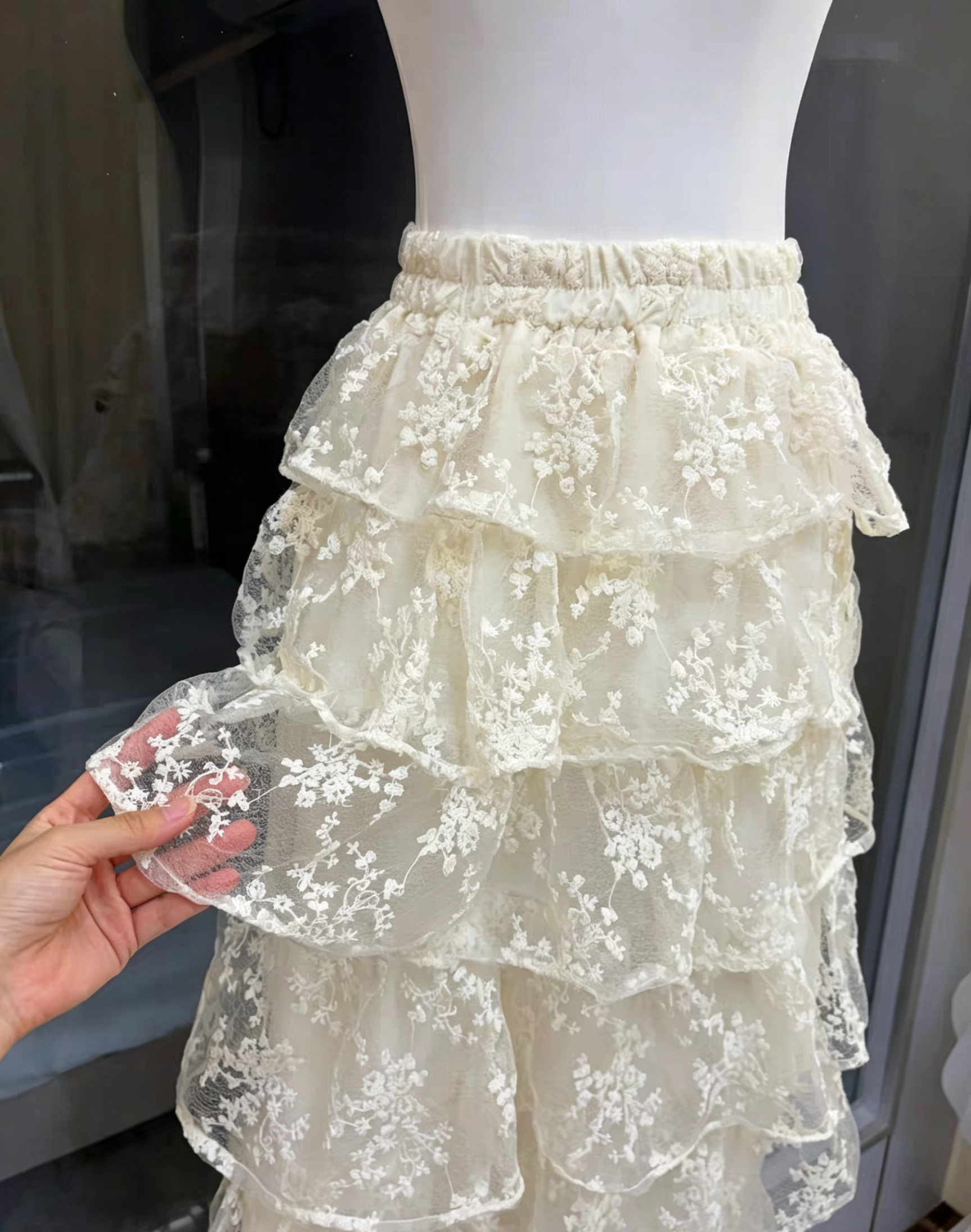 Wide Strap Lace Corset Peplum Top & High Low Lace Skirt Set