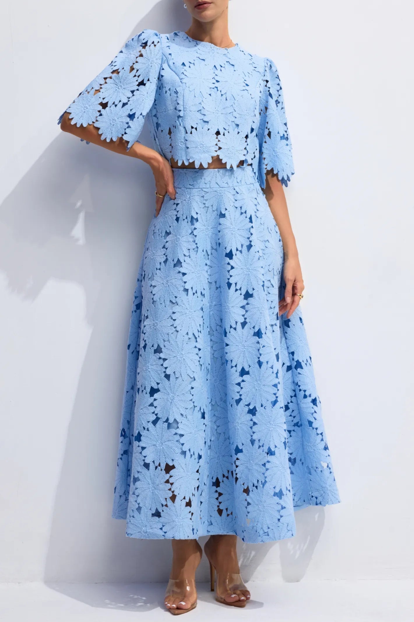 Lace Embroidered Top & Maxi Skirt Two-Piece Set in Blue