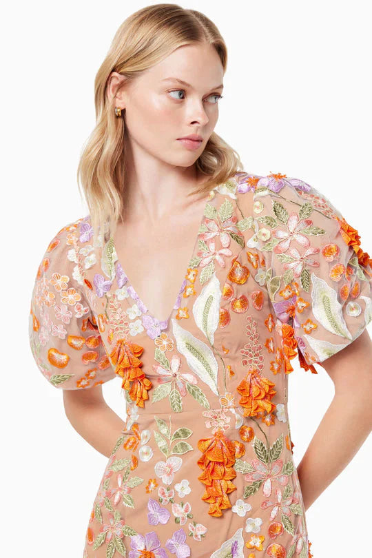 Mesh Embroidered 3D Flower V-neck Puff Sleeves Midi Dress in Orange