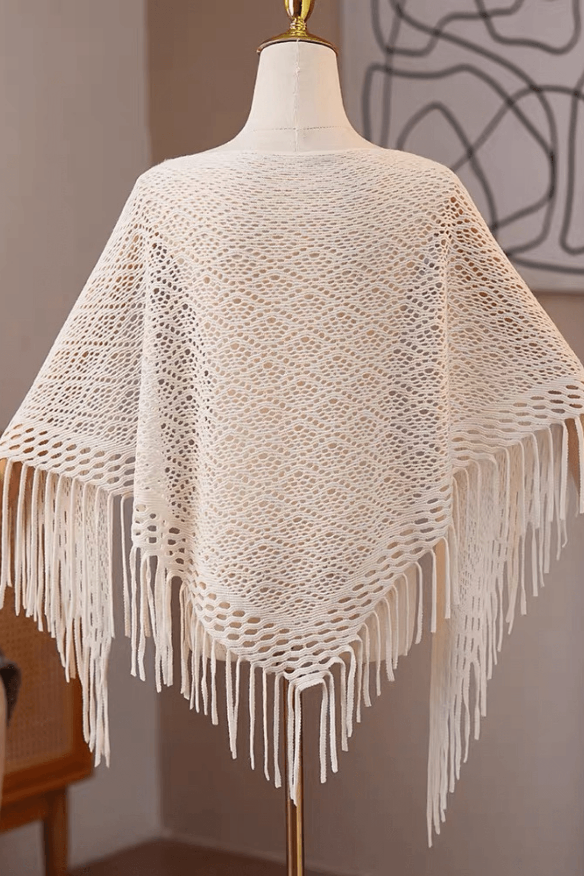 Cream Hollow Knitted Long Shawl