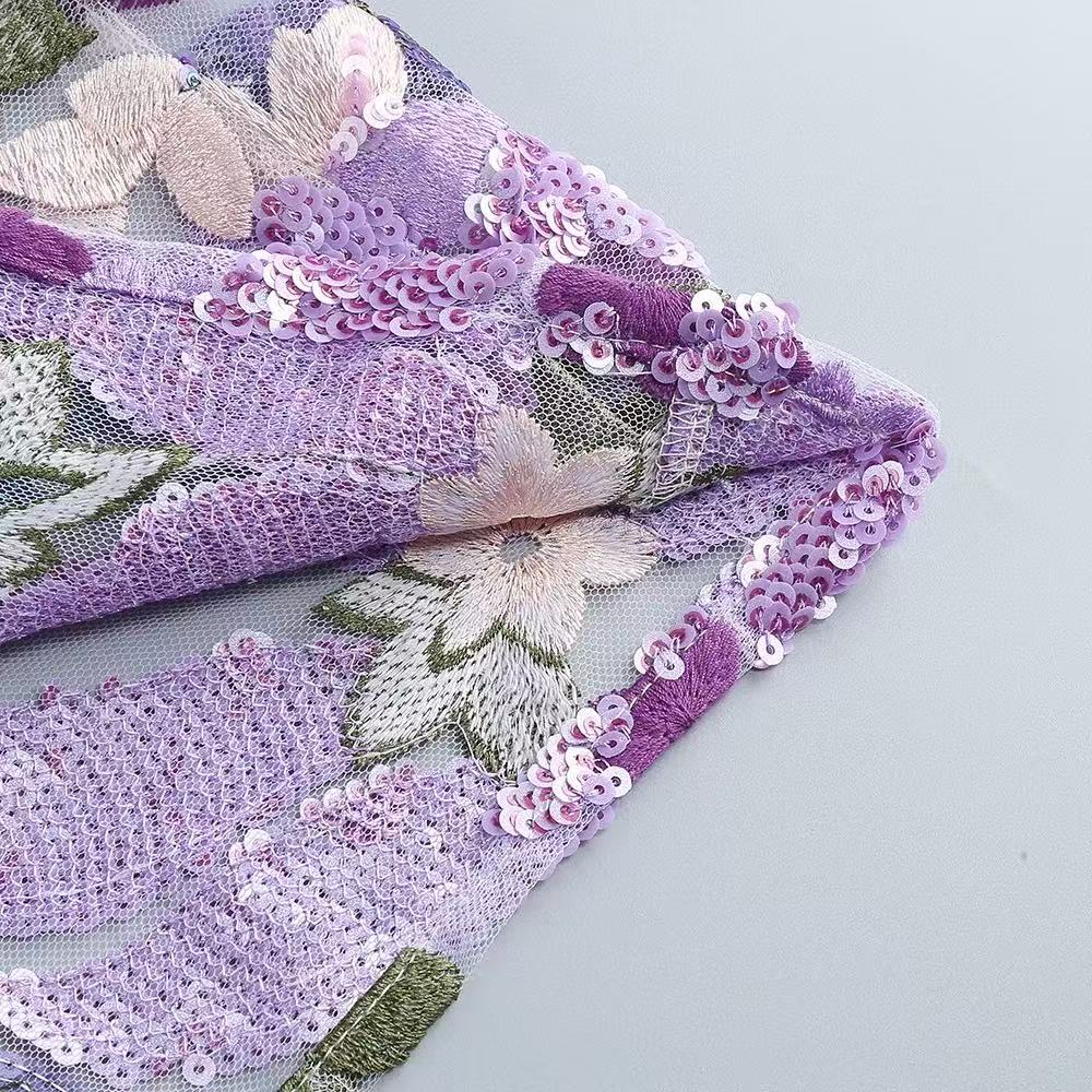 Floral Sequin Embroidered Maxi Dress - Purple