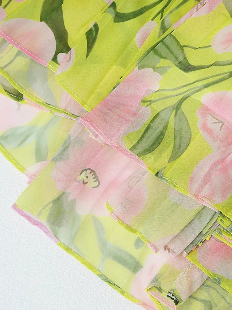 V-Neck Silk Printed Maxi Dress in Yellow